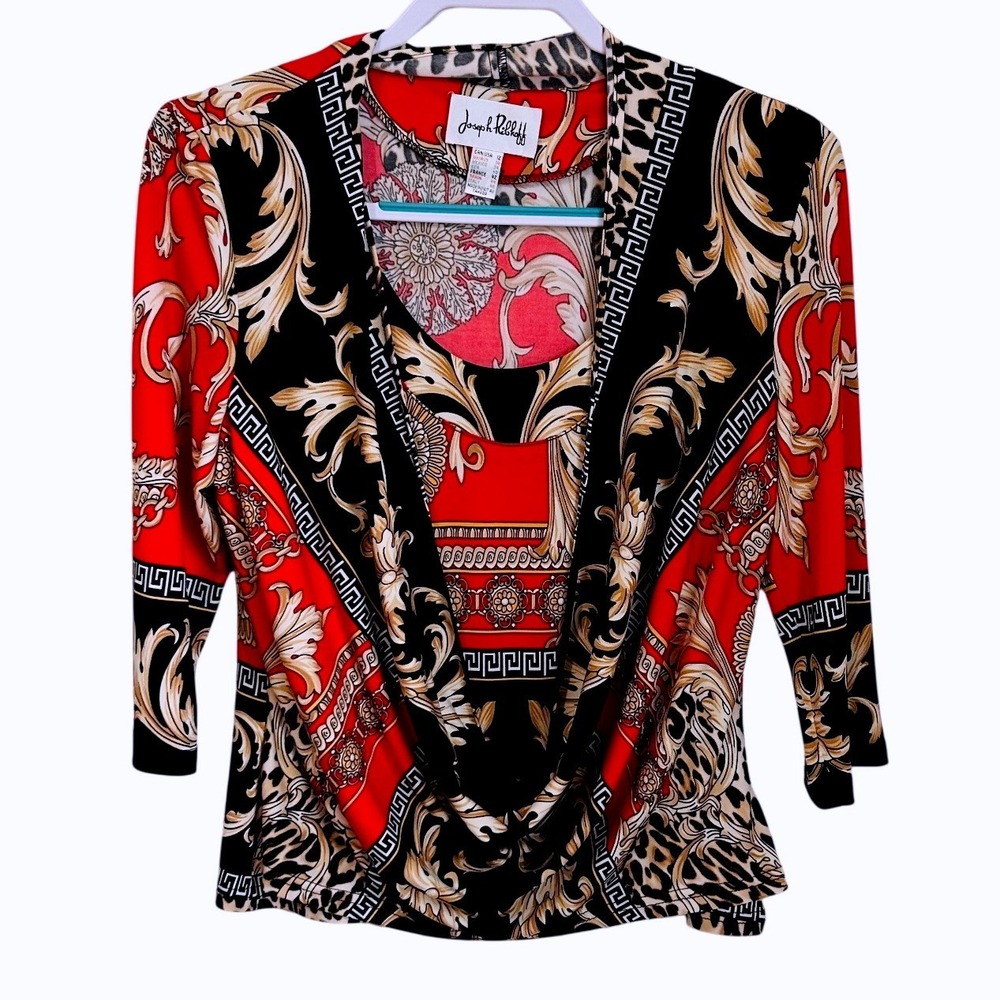 Joseph Ribkoff Baroque Leopard Print Draped Stretchy Top Red Black Gold Size 12